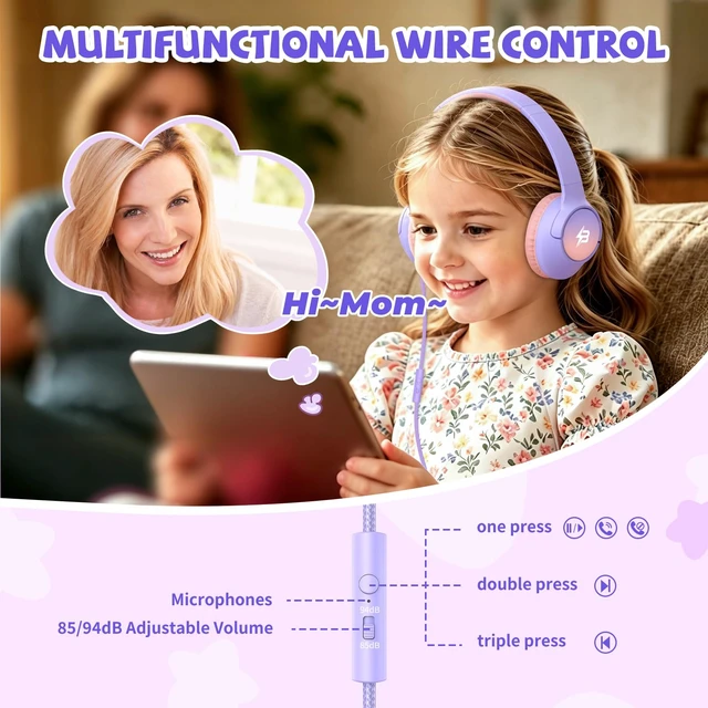 Alt view image 2 of 7 - USB C Headphones Wired for Kids, 85/94dB Volume Limit With Mic, Purple Kid Headphones for School, Wired Over Ear USBC Plug in Corded Headphones for Boys Girl Toddler, iPad, Tablet, Airplane Travel
