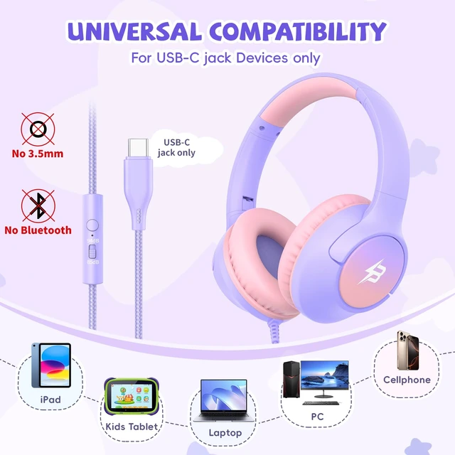 Alt view image 4 of 7 - USB C Headphones Wired for Kids, 85/94dB Volume Limit With Mic, Purple Kid Headphones for School, Wired Over Ear USBC Plug in Corded Headphones for Boys Girl Toddler, iPad, Tablet, Airplane Travel