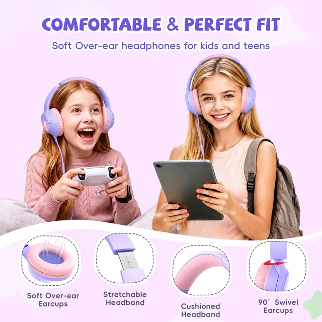 Alt view image 5 of 7 - USB C Headphones Wired for Kids, 85/94dB Volume Limit With Mic, Purple Kid Headphones for School, Wired Over Ear USBC Plug in Corded Headphones for Boys Girl Toddler, iPad, Tablet, Airplane Travel