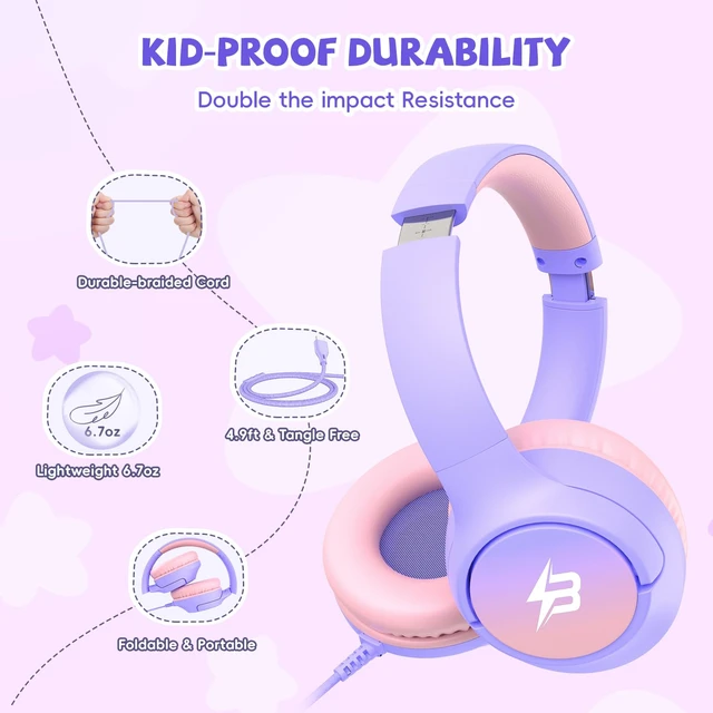 Alt view image 6 of 7 - USB C Headphones Wired for Kids, 85/94dB Volume Limit With Mic, Purple Kid Headphones for School, Wired Over Ear USBC Plug in Corded Headphones for Boys Girl Toddler, iPad, Tablet, Airplane Travel