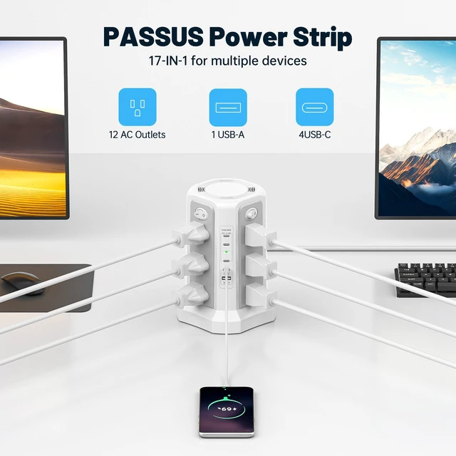 Alt view image 4 of 7 - PD 65W USB C Fast Desktop Charging Station Tower Power Strip Surge Protector, 12 Widely Spaced AC Outlets, 4 USB C, 1 USB A, 10FT Extension Cord Overload Protection