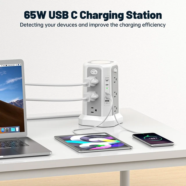 Alt view image 7 of 7 - PD 65W USB C Fast Desktop Charging Station Tower Power Strip Surge Protector, 12 Widely Spaced AC Outlets, 4 USB C, 1 USB A, 10FT Extension Cord Overload Protection