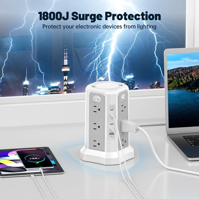 Alt view image 5 of 7 - PD 65W USB C Fast Desktop Charging Station Tower Power Strip Surge Protector, 12 Widely Spaced AC Outlets, 4 USB C, 1 USB A, 10FT Extension Cord Overload Protection