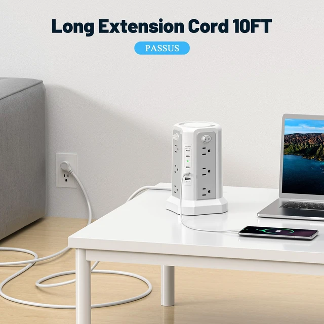 Alt view image 6 of 7 - PD 65W USB C Fast Desktop Charging Station Tower Power Strip Surge Protector, 12 Widely Spaced AC Outlets, 4 USB C, 1 USB A, 10FT Extension Cord Overload Protection