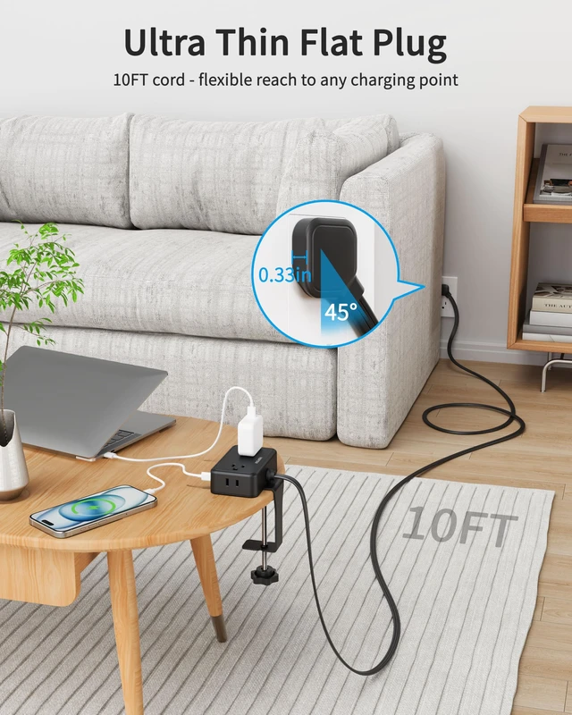 Alt view image 4 of 7 - 2 Pack Desk Clamp Power Strip with 4 Outlets & 4USB, 10FT Extension Cord Desktop Mount, Fits 2.75" Tabletop Edge, Wide Spaced, 1625W/13A, Flat Plug, No Surge Protector for Home Office, Black
