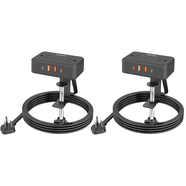 Main image of 2 Pack Desk Clamp Power Strip with 4 Outlets & 4USB, 10FT Extension Cord Desktop Mount, Fits 2.75" Tabletop Edge, Wide Spaced, 1625W/13A, Flat Plug, No Surge Protector for Home Office, Black
