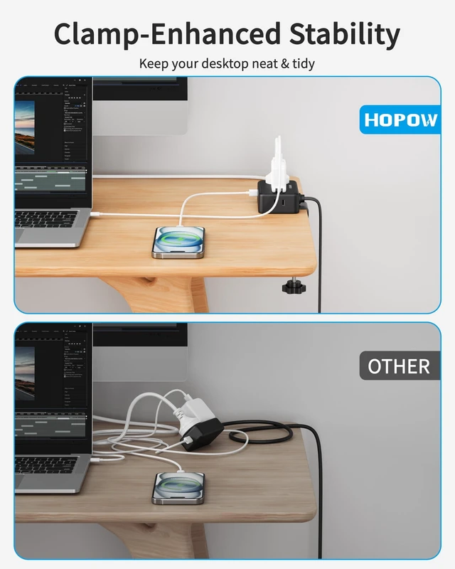 Alt view image 5 of 7 - 2 Pack Desk Clamp Power Strip with 4 Outlets & 4USB, 10FT Extension Cord Desktop Mount, Fits 2.75" Tabletop Edge, Wide Spaced, 1625W/13A, Flat Plug, No Surge Protector for Home Office, Black
