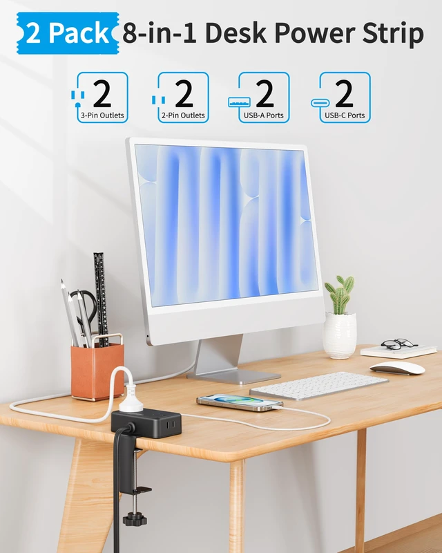 Alt view image 2 of 7 - 2 Pack Desk Clamp Power Strip with 4 Outlets & 4USB, 10FT Extension Cord Desktop Mount, Fits 2.75" Tabletop Edge, Wide Spaced, 1625W/13A, Flat Plug, No Surge Protector for Home Office, Black