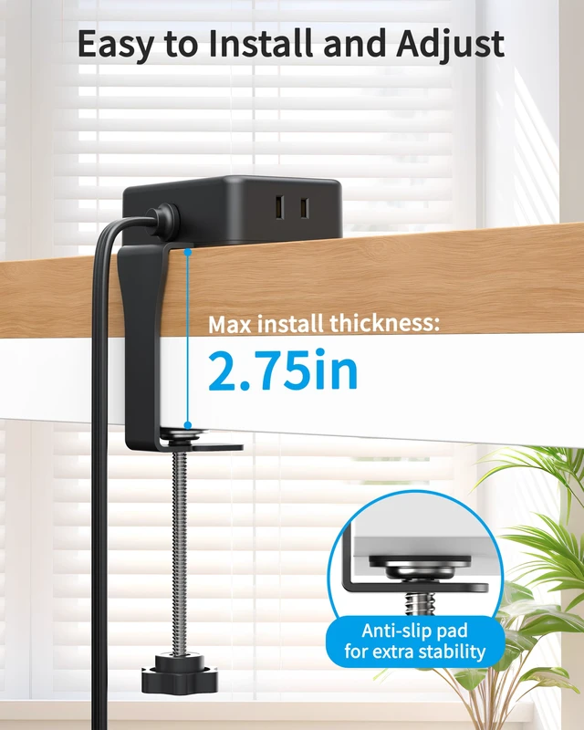 Alt view image 3 of 7 - 2 Pack Desk Clamp Power Strip with 4 Outlets & 4USB, 10FT Extension Cord Desktop Mount, Fits 2.75" Tabletop Edge, Wide Spaced, 1625W/13A, Flat Plug, No Surge Protector for Home Office, Black