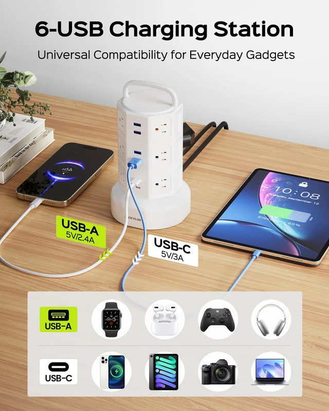 Alt view image 5 of 7 - Power Strip Tower Surge Protector, 12 AC 6 USB (2 USB C), 1050J 6.5Ft Retractable Extension Cord with Multiple Outlets, 1625W/13A Outlet Extender, USB Charging Station for Home Office Dorm