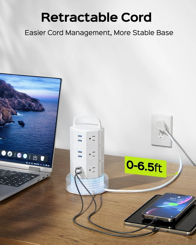 Alt view image 3 of 7 - Power Strip Tower Surge Protector, 12 AC 6 USB (2 USB C), 1050J 6.5Ft Retractable Extension Cord with Multiple Outlets, 1625W/13A Outlet Extender, USB Charging Station for Home Office Dorm