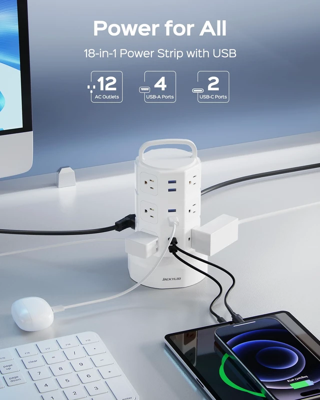 Alt view image 2 of 7 - Power Strip Tower Surge Protector, 12 AC 6 USB (2 USB C), 1050J 6.5Ft Retractable Extension Cord with Multiple Outlets, 1625W/13A Outlet Extender, USB Charging Station for Home Office Dorm