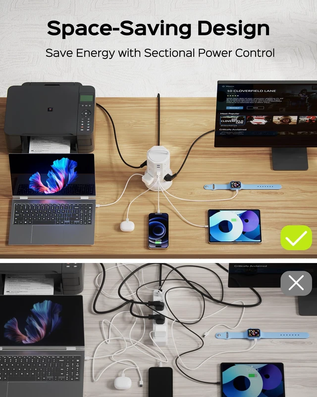 Alt view image 7 of 7 - Power Strip Tower Surge Protector, 12 AC 6 USB (2 USB C), 1050J 6.5Ft Retractable Extension Cord with Multiple Outlets, 1625W/13A Outlet Extender, USB Charging Station for Home Office Dorm