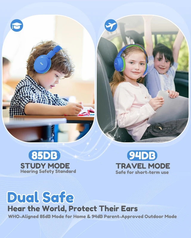 Alt view image 2 of 7 - Kids Bluetooth Headphones, 85/94dB Volume Limiter, Foldable Wireless Over-Ear Headphones for iPad, Travel, 60H Playtime, Bluetooth 6.0, Built-in Mic, Blue Green