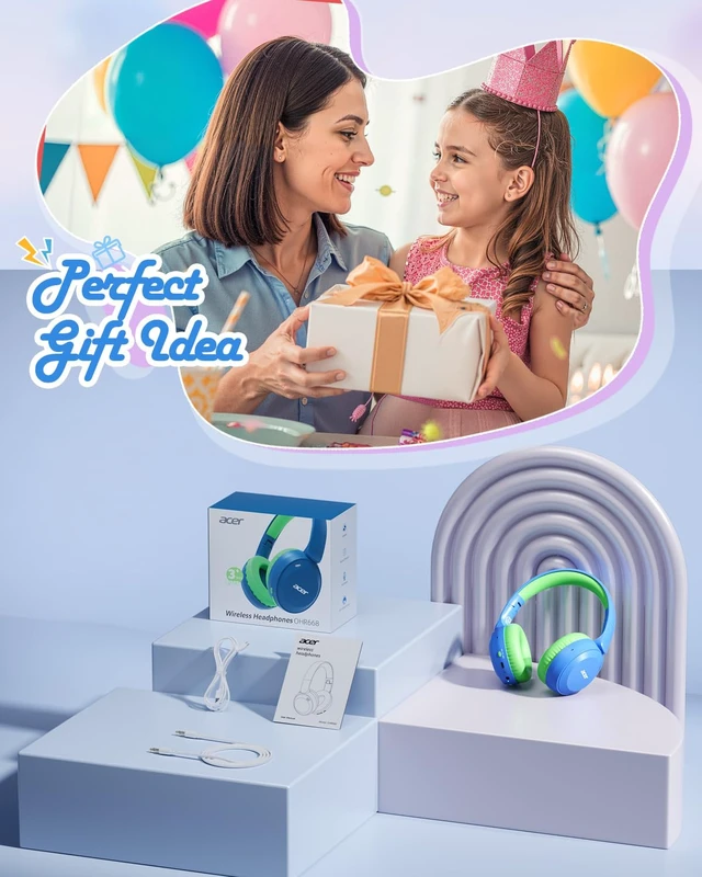 Alt view image 5 of 7 - Kids Bluetooth Headphones, 85/94dB Volume Limiter, Foldable Wireless Over-Ear Headphones for iPad, Travel, 60H Playtime, Bluetooth 6.0, Built-in Mic, Blue Green