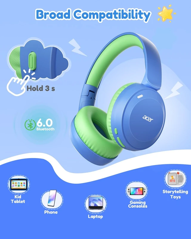 Alt view image 6 of 7 - Kids Bluetooth Headphones, 85/94dB Volume Limiter, Foldable Wireless Over-Ear Headphones for iPad, Travel, 60H Playtime, Bluetooth 6.0, Built-in Mic, Blue Green