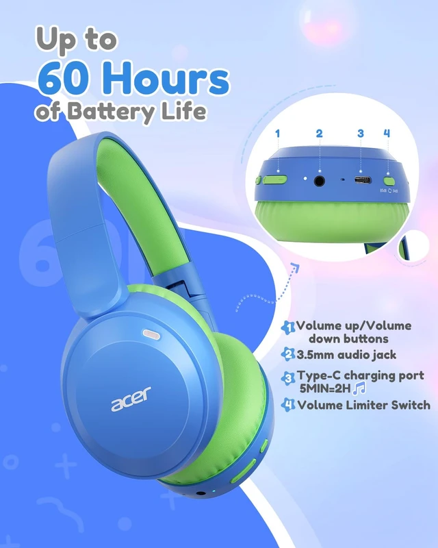 Alt view image 7 of 7 - Kids Bluetooth Headphones, 85/94dB Volume Limiter, Foldable Wireless Over-Ear Headphones for iPad, Travel, 60H Playtime, Bluetooth 6.0, Built-in Mic, Blue Green