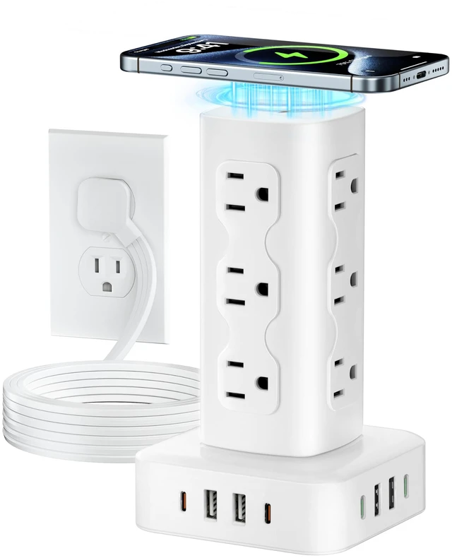Main image of Power Strip Tower Surge Protector(2000J), PD65W Charging Station Tower with 12 AC Outlets & 8 USB Ports (4 USB C), 6FT Extension Cord for Home Office Dorm, White