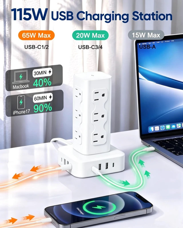 Alt view image 2 of 6 - Power Strip Tower Surge Protector(2000J), PD65W Charging Station Tower with 12 AC Outlets & 8 USB Ports (4 USB C), 6FT Extension Cord for Home Office Dorm, White
