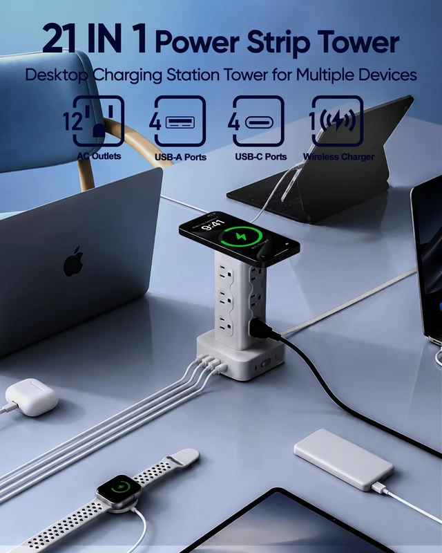 Alt view image 4 of 6 - Power Strip Tower Surge Protector(2000J), PD65W Charging Station Tower with 12 AC Outlets & 8 USB Ports (4 USB C), 6FT Extension Cord for Home Office Dorm, White