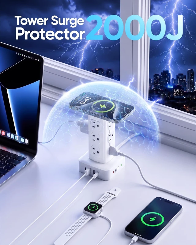 Alt view image 6 of 6 - Power Strip Tower Surge Protector(2000J), PD65W Charging Station Tower with 12 AC Outlets & 8 USB Ports (4 USB C), 6FT Extension Cord for Home Office Dorm, White