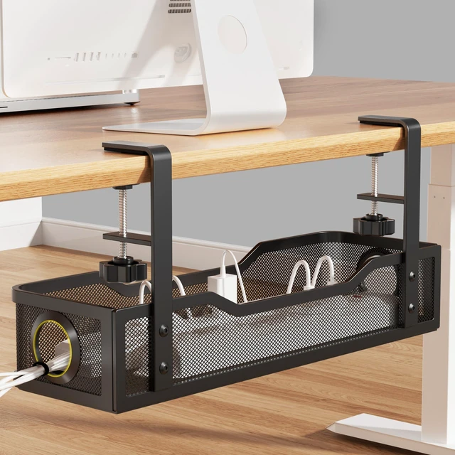 Main image of Under Desk Cable Management Large, 16" Cable Management Box for Table Thickness up to 3", Wire Cord Organizer with Clamp No Drill, No Damage to Desk (Black)