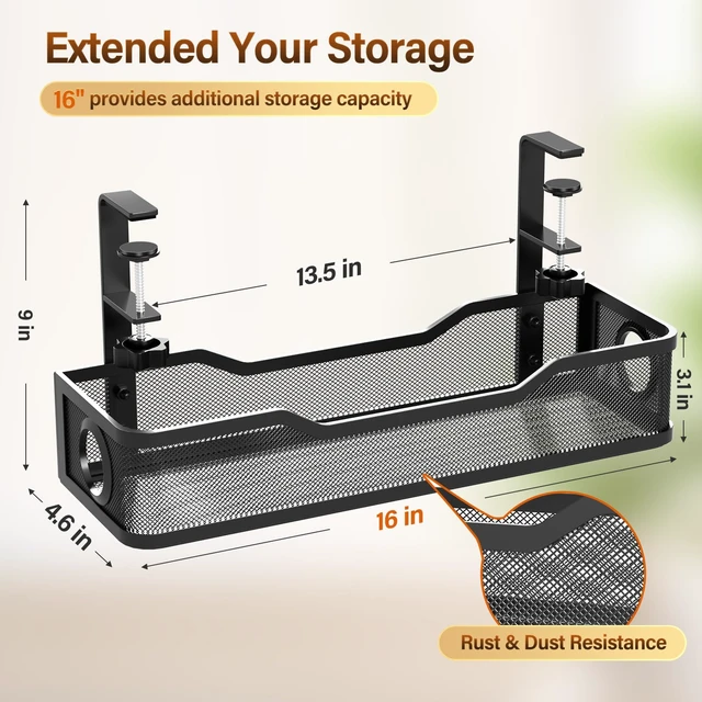 Alt view image 6 of 7 - Under Desk Cable Management Large, 16" Cable Management Box for Table Thickness up to 3", Wire Cord Organizer with Clamp No Drill, No Damage to Desk (Black)