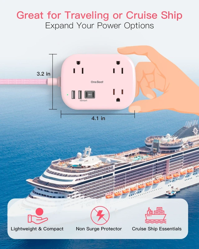 Alt view image 2 of 7 - Cruise Essentials 2026, Travel Power Strip with USB C,Flat Plug 6ft Extension Cord with 3 Outlets 4 USB Ports(2 USB C),Desk Wall Outlet Extender,Non Surge Protector for Cruise,Dorm Room,ETL