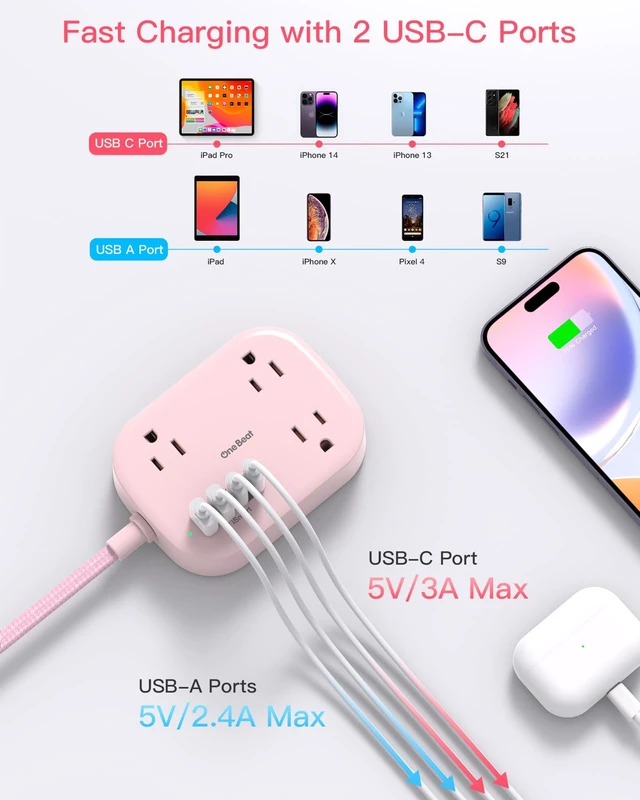 Alt view image 4 of 7 - Cruise Essentials 2026, Travel Power Strip with USB C,Flat Plug 6ft Extension Cord with 3 Outlets 4 USB Ports(2 USB C),Desk Wall Outlet Extender,Non Surge Protector for Cruise,Dorm Room,ETL