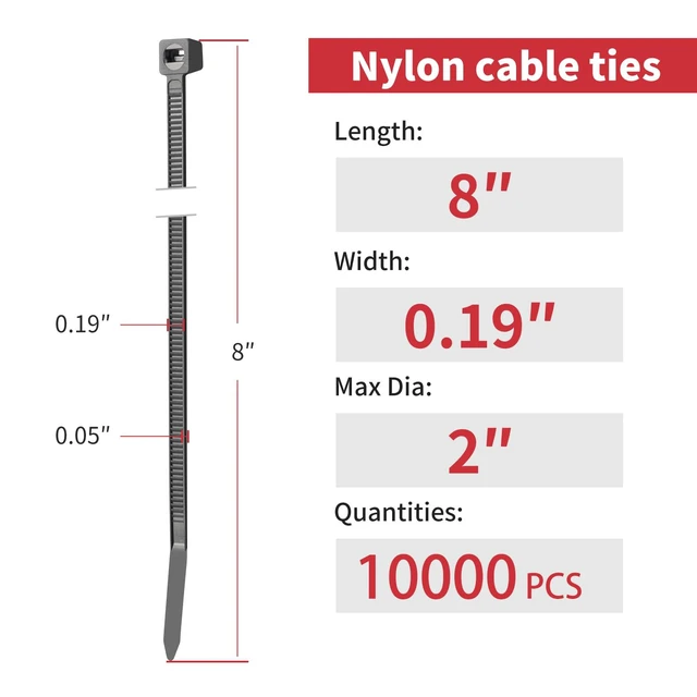 Alt view image 2 of 7 - 8 Inch Black Zip Ties 10000 Pcs, 65 LBS UV Resistant Cable Ties Self-Locking Ties, Wire Ties for Indoor and Outdoor Use
