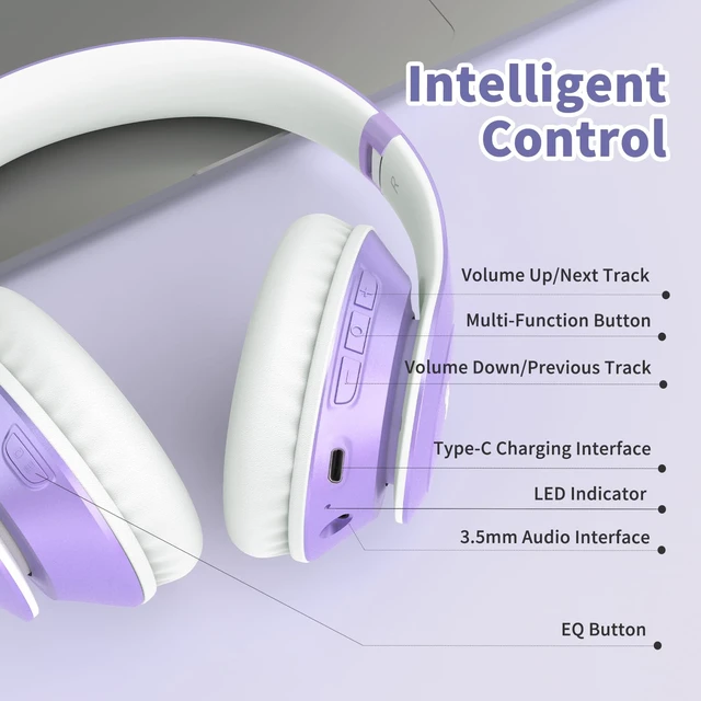 Alt view image 6 of 6 - Bluetooth Headphones Over Ear, Wireless HiFi Stereo Foldable Headset 65H Playtime, Bluetooth 6.0, 6 EQ Modes, Built-in Mic, Deep Bass Stereo, Lightweight Design for Home, Office, Travel & PC