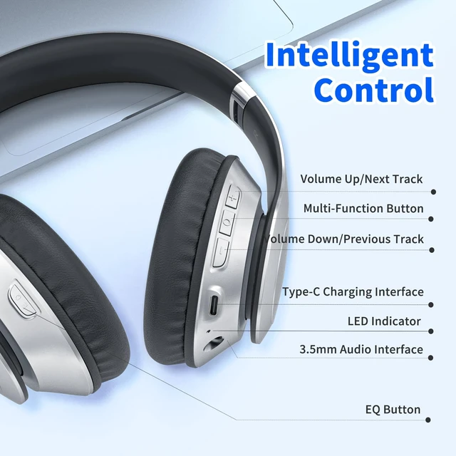 Alt view image 6 of 7 - Bluetooth Headphones Over Ear, Wireless HiFi Stereo Foldable Headset 65H Playtime, Bluetooth 6.0, 6 EQ Modes, Built-in Mic, Deep Bass Stereo, Lightweight Design for Home, Office, Travel & PC