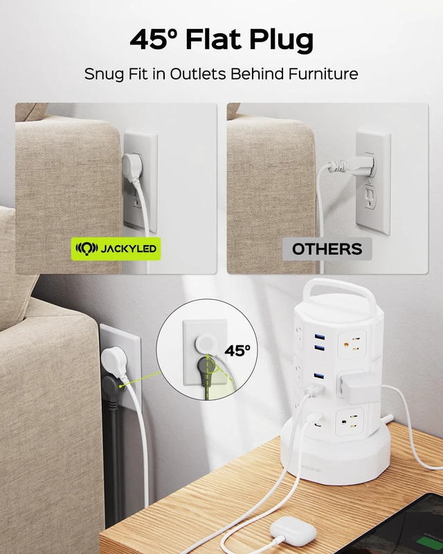 Alt view image 6 of 7 - Power Strip Tower Surge Protector, 12 AC 6 USB (2 USB C), 1050J 6.5Ft Retractable Extension Cord with Multiple Outlets, 1625W/13A Outlet Extender, USB Charging Station for Home Office Dorm