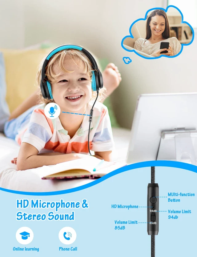 Alt view image 2 of 7 - Kids Headphones with Microphone, Wired Over Ear Headsets with Limited Volume 85dB/ 94dB for Boys Girls Teens Children Online School/Travel/iPad/Tablet/Cellphone