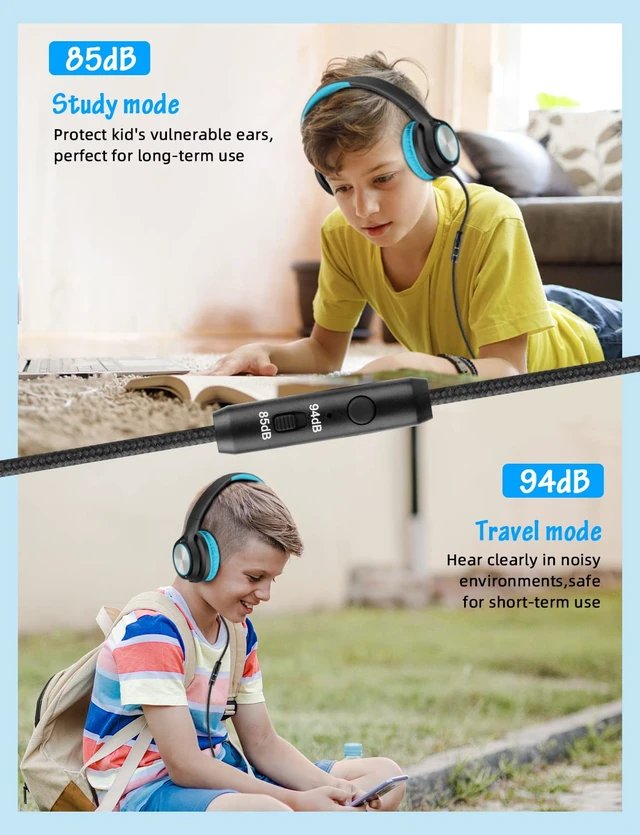 Alt view image 4 of 7 - Kids Headphones with Microphone, Wired Over Ear Headsets with Limited Volume 85dB/ 94dB for Boys Girls Teens Children Online School/Travel/iPad/Tablet/Cellphone