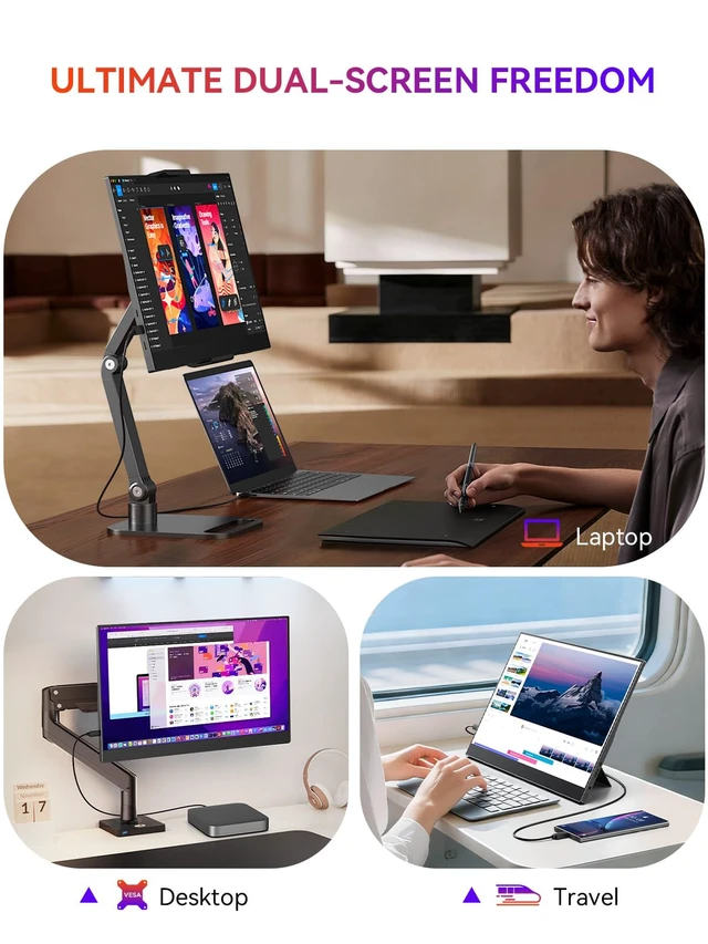 Alt view image 7 of 7 - Portable Monitor, 15.6" 125% sRGB Ultra-Slim Laptop Display 1080P, 2000:1 Contrast, VESA Support, Stand Included, USB-C & Mini HDMI External Screen for Laptop, Gaming & Travel