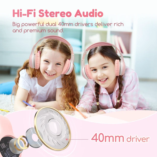 Alt view image 2 of 7 - K2 Kids Bluetooth Headphones for School, Kids Headphones with Mic Volume Limited, 40H Playtime, Built-in Mic, Stereo Sound, Foldable Over-Ear Headphone for Kids/Toddler/Travel/Tablet, Pink