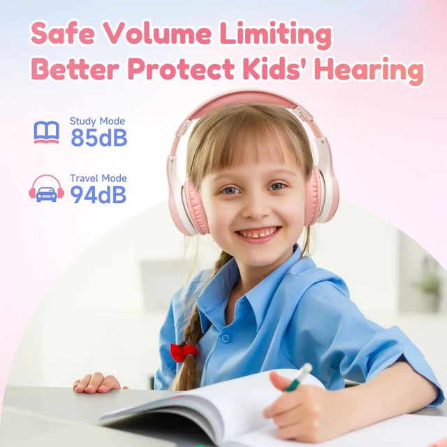 Alt view image 3 of 7 - K2 Kids Bluetooth Headphones for School, Kids Headphones with Mic Volume Limited, 40H Playtime, Built-in Mic, Stereo Sound, Foldable Over-Ear Headphone for Kids/Toddler/Travel/Tablet, Pink