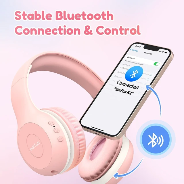 Alt view image 6 of 7 - K2 Kids Bluetooth Headphones for School, Kids Headphones with Mic Volume Limited, 40H Playtime, Built-in Mic, Stereo Sound, Foldable Over-Ear Headphone for Kids/Toddler/Travel/Tablet, Pink