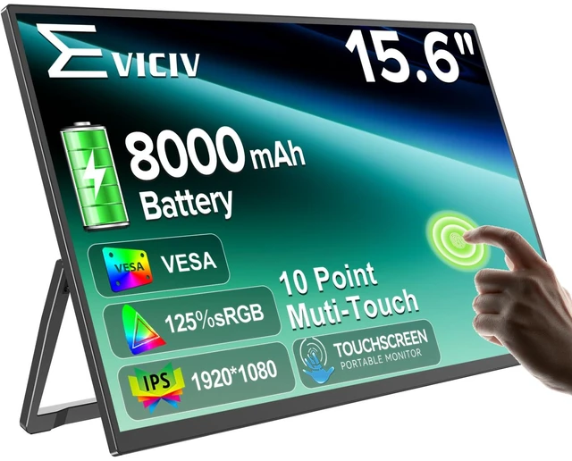 Main image of Portable Monitor Touchscreen with Battery 8000mAh 15.6" for Travel 10-Point Touch, 1080P IPS 125% sRGB, Ultra-Slim, VESA & Stand, Eye Care, USB-C & MINI HDMI, For Laptop Computer (No WiFi)