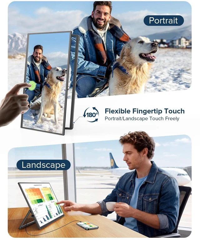 Alt view image 4 of 7 - Portable Monitor Touchscreen with Battery 8000mAh 15.6" for Travel 10-Point Touch, 1080P IPS 125% sRGB, Ultra-Slim, VESA & Stand, Eye Care, USB-C & MINI HDMI, For Laptop Computer (No WiFi)