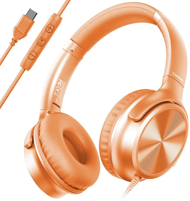 Main image of USB C Headphones Wired, Over Ear USB C Wired Headphones with Microphone, Volume Control, HD Stereo Sound,Foldable USB Type C Headphone for Adult/Teens/Laptop/Computer/iPhone 15/16/17,Tangerine