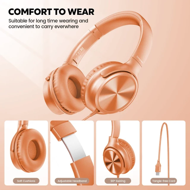 Alt view image 3 of 7 - USB C Headphones Wired, Over Ear USB C Wired Headphones with Microphone, Volume Control, HD Stereo Sound,Foldable USB Type C Headphone for Adult/Teens/Laptop/Computer/iPhone 15/16/17,Tangerine
