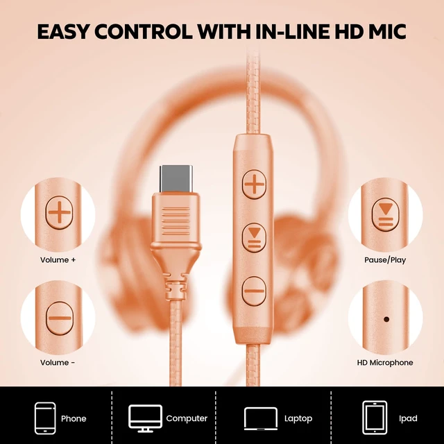 Alt view image 5 of 7 - USB C Headphones Wired, Over Ear USB C Wired Headphones with Microphone, Volume Control, HD Stereo Sound,Foldable USB Type C Headphone for Adult/Teens/Laptop/Computer/iPhone 15/16/17,Tangerine