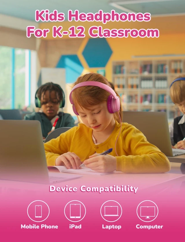 Alt view image 3 of 6 - Kids Headphones 5 Pack for Students K-12 & Teachers Classroom/Study SafeSound Tech3.0, Durable PP Material, Multiple Folding Options, Soft Classroom Headphones for Tablets/Laptop, Bright Color