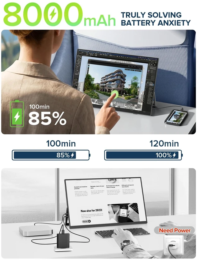 Alt view image 7 of 7 - Portable Monitor Touchscreen with Battery 8000mAh 15.6" for Travel 10-Point Touch, 1080P IPS 125% sRGB, Ultra-Slim, VESA & Stand, Eye Care, USB-C & MINI HDMI, For Laptop Computer (No WiFi)