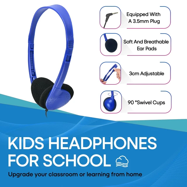 Alt view image 4 of 7 - Classroom Headphones Bulk 100 Pack Class Set for School Students Kids and Adult -Sturdy Wired 3.5mm Plug (Blue, 100 Pack)