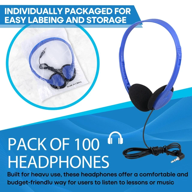Alt view image 2 of 7 - Classroom Headphones Bulk 100 Pack Class Set for School Students Kids and Adult -Sturdy Wired 3.5mm Plug (Blue, 100 Pack)