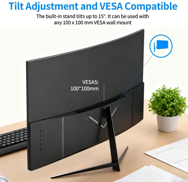 Alt view image 6 of 7 - 27 inch 100Hz Curved Monitor with 1K 1920x1080 Computer Screen 27 inch FHD with HDMI,VGA and Wall Mountable 1080P Eye Care PC Office Display for Working and Gaming