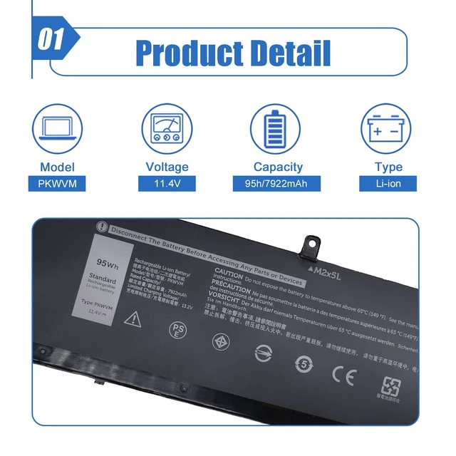 Alt view image 2 of 6 - 95Wh PKWVM Laptop Battery Compatible with Dell Precision 7550 7560 7750 7760 Mobile Workstation P44E P93F P44E001 P44E002 P93F001 Series CR72X 68ND3 0CR72X 0447VR C903V 11.4V 7922mAh